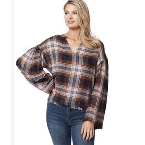 T71 Jessica Simpson Size XL Women's Jenna Notch Neck Top In Festive Plaid Blouse